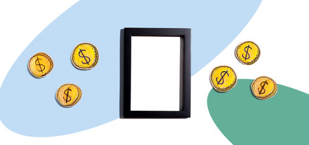 Blank photo frame with coins - earn online themeの写真素材