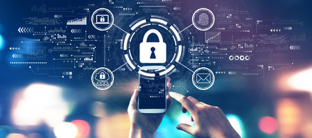 Internet network security concept with city lights at nightの写真素材
