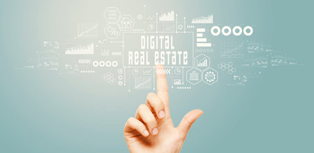 Digital Real Estate concept with hand pressing a buttonの写真素材