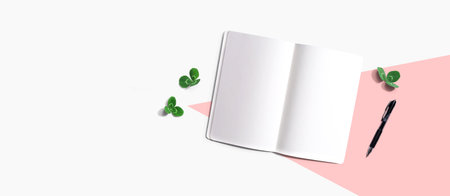 Blank notebook with shamrock leavesの写真素材