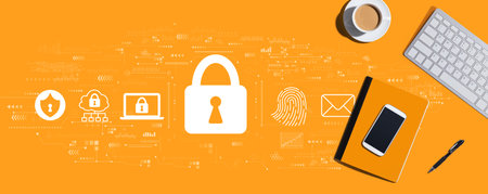 Internet network security concept with computer keyboard and office itemsの写真素材