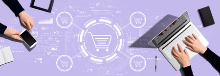 Online shopping theme with people working togetherの写真素材