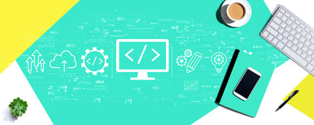 Web development concept with computer keyboard and office itemsの写真素材