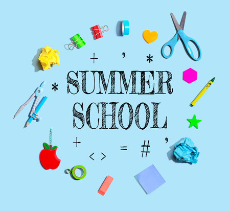 Summer School theme with school supplies - flat layの写真素材