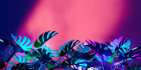 Tropical monstera leaves with neon light - 3Dの写真素材