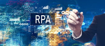 Robotic Process Automation theme with businessman in a bokeh neon light trails city backgroundの写真素材
