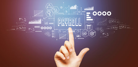 Payroll theme with hand pressing a buttonの写真素材