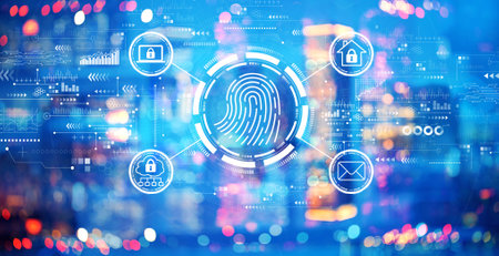 Fingerprint scanning theme with blurred city at nightの写真素材