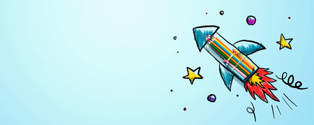 Back to school theme with hand drawn rocket and pencilsの写真素材
