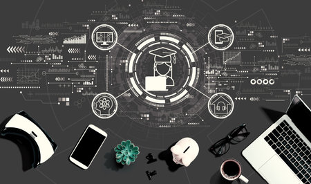 Distance learning theme with electronic gadgets and office suppliesの写真素材