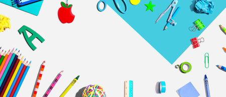 Collection of school supplies overhead viewの写真素材