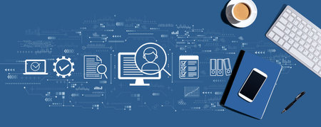 Document management system concept with computer keyboard and office itemsの写真素材