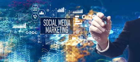 Social media marketing theme with businessman in a bokeh neon light trails city backgroundの写真素材