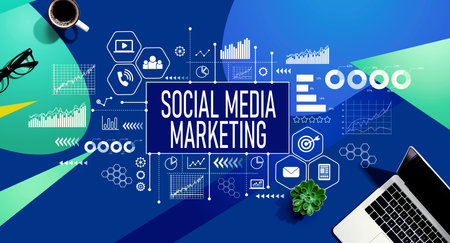 Social media marketing theme with laptop computerの写真素材