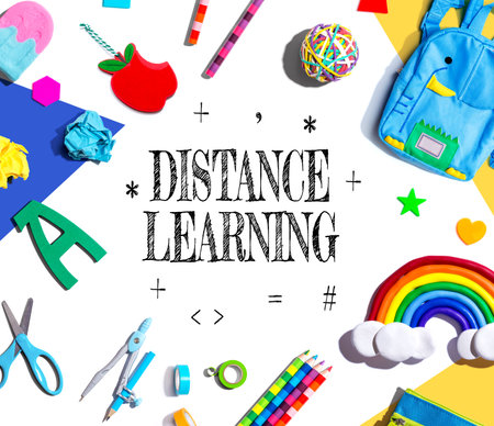 Distance Learning theme with school supplies - flat layの写真素材