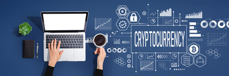 Cryptocurrency theme with person using laptop computerの写真素材