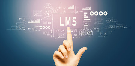 LMS - Learning Management System with hand pressing a buttonの写真素材
