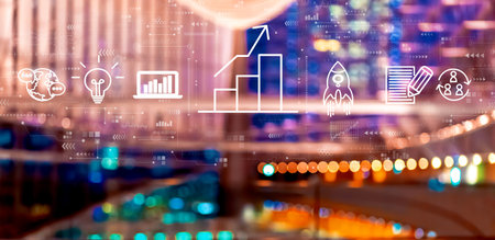 Business growth analysis with big city at nightの写真素材