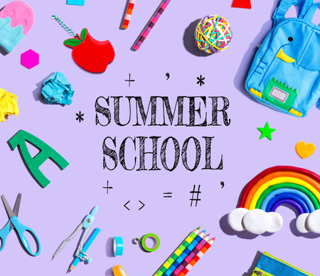 Summer School theme with school supplies on a purple backgroundの写真素材