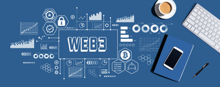 Web3 theme with computer keyboard and office itemsの写真素材