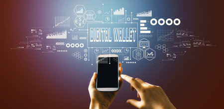Digital Wallet theme with hand pressing a buttonの写真素材