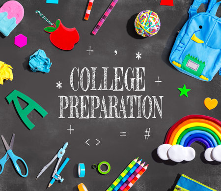 College Preparation theme with school supplies on a chalkboardの写真素材