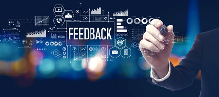 Feedback theme with businessman at nightの写真素材