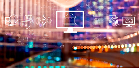 Cryptocurrency fintech theme with big city at nightの写真素材
