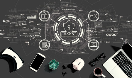 Cyber security theme with electronic gadgets and office suppliesの写真素材