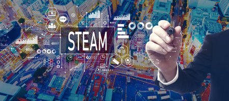 STEAM theme with businessman in city at nightの写真素材