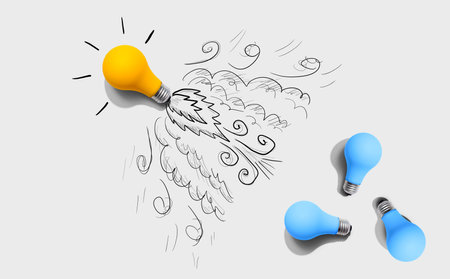 One unique Idea light bulb flying to the sky like a rocketの写真素材