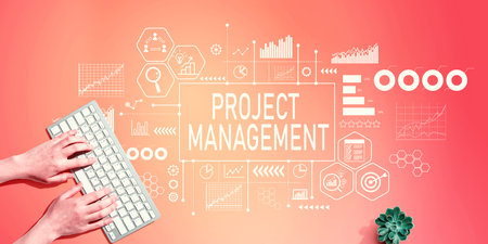 Project management theme with person using computer keyboardの写真素材