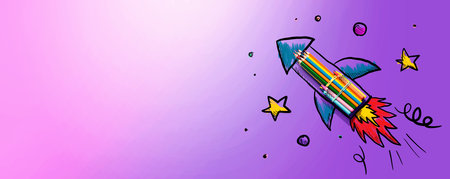 Back to school theme with hand drawn rocket and pencilsの写真素材