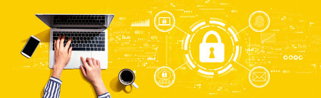 Internet network security concept with person using laptopの写真素材