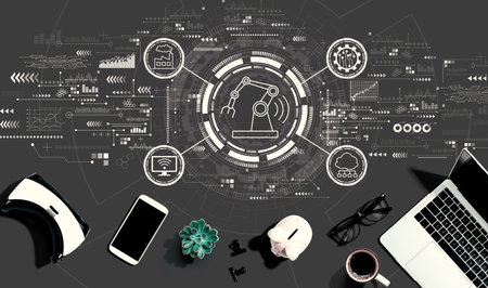 Smart industry concept with electronic gadgets and office suppliesの写真素材