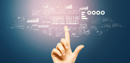 Digital Wallet theme with hand pressing a buttonの写真素材