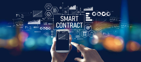 Smart contract theme with person using a smartphone at nightの写真素材