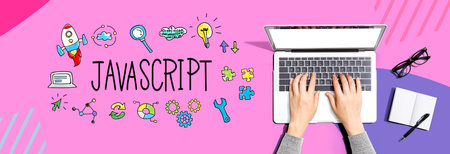 Java Script theme with person using a laptopの写真素材