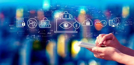 Data Privacy concept with person using a smartphone at nightの写真素材