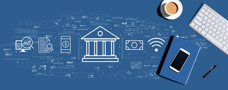 Online banking concept with computer keyboard and office itemsの写真素材
