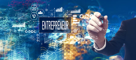 Entrepreneur theme with businessman in a bokeh neon light trails city backgroundの写真素材