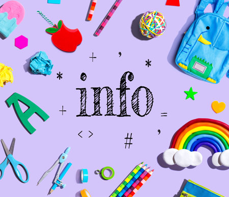 Information theme with school supplies on a purple backgroundの写真素材