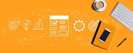 Project management theme with computer keyboard and office itemsの写真素材