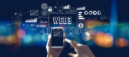 Web3 theme with person using a smartphone at nightの写真素材