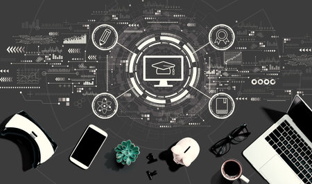 E-learning concept with electronic gadgets and office suppliesの写真素材
