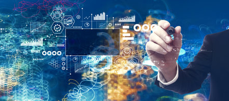 Digital Transformation concept with businessman in a bokeh neon light trails city backgroundの写真素材
