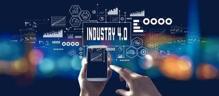 Industry 4.0 theme with person using a smartphone at nightの写真素材