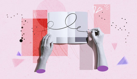 Person writing in a notebook - Photo collage