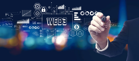 Web3 theme with businessman at nightの写真素材