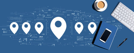 Map pin concept with computer keyboard and office itemsの写真素材